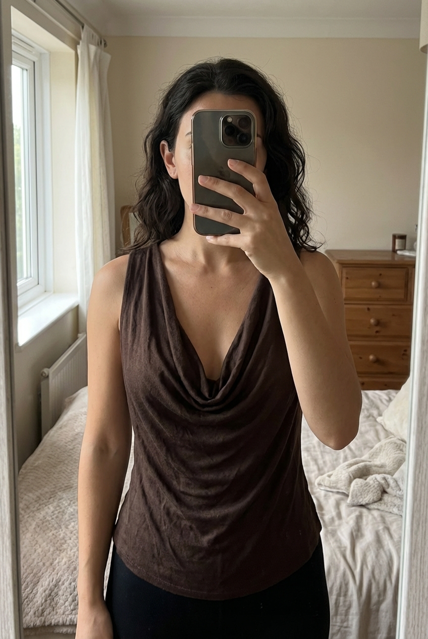 A person in Vintage Y2K 100% silk brow cowl neck cami top standing straight facing the camera, in a softly lit bedroom setting, with gentle natural light filtering through a window.