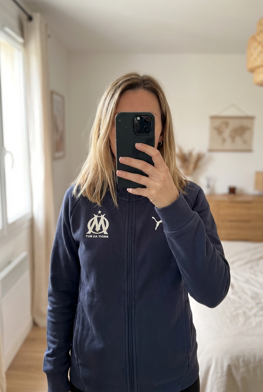 Veste Full Zip OM debout, face à la caméra, dans une chambre à la lumière douce, avec une lumière naturelle filtrant par la fenêtre.