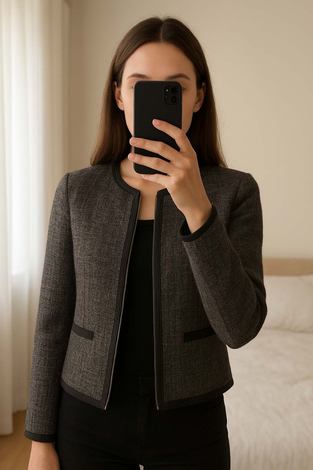 Short blazer standing straight facing the camera, in a softly lit bedroom setting, with gentle natural light filtering through a window.