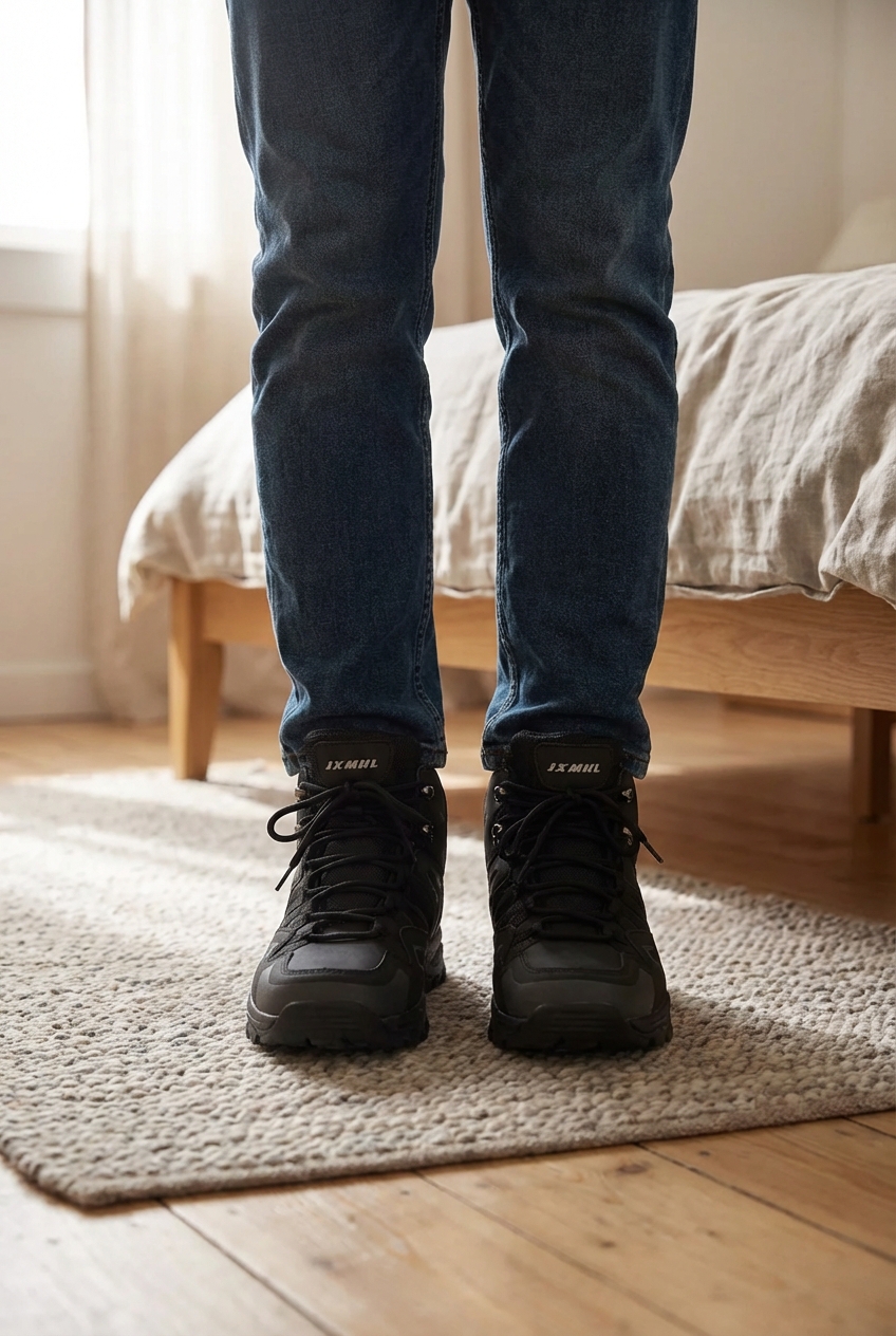 Chaussures de Randonnée Homme et Femme debout, face à la caméra, dans une chambre à la lumière douce, avec une lumière naturelle filtrant par la fenêtre.