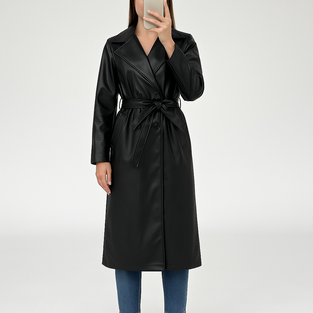 Une personne en Trench femme long noir debout, face à la caméra, dans un studio photo épuré avec fond blanc et éclairage doux.