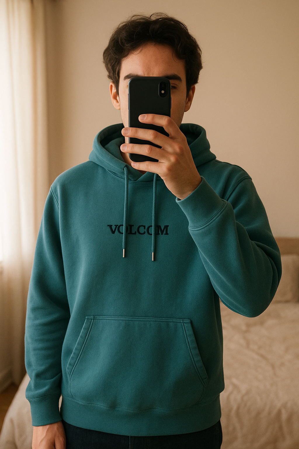 Pull VOLCOM taille M debout, face à la caméra, dans une chambre à la lumière douce, avec une lumière naturelle filtrant par la fenêtre.