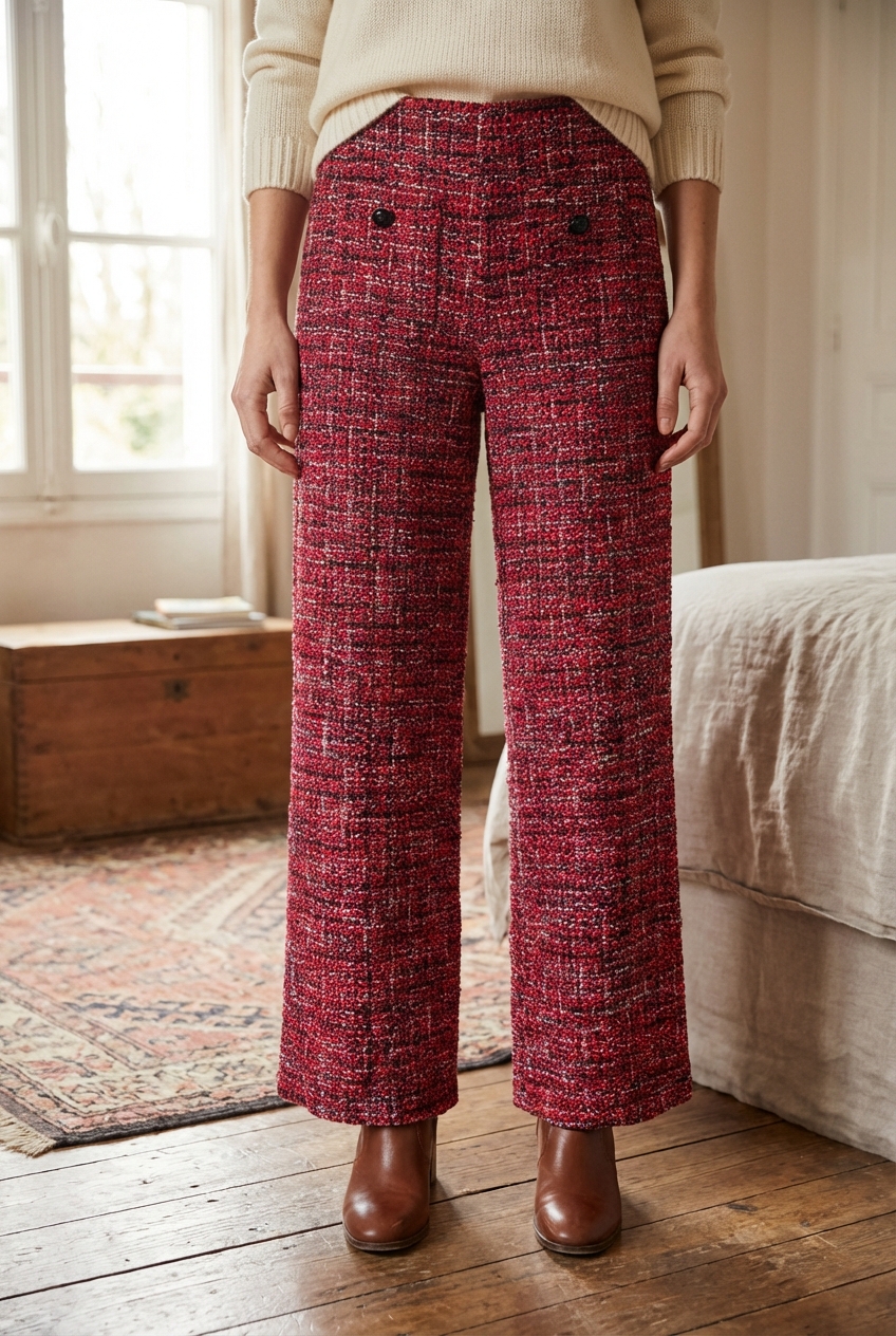 Pantalon Maje tweed rouge et noir T36 neuf debout, face à la caméra, dans une chambre à la lumière douce, avec une lumière naturelle filtrant par la fenêtre.