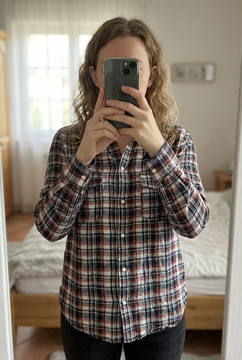 Chemisier à carreaux taille 42 debout, face à la caméra, dans une chambre à la lumière douce, avec une lumière naturelle filtrant par la fenêtre.