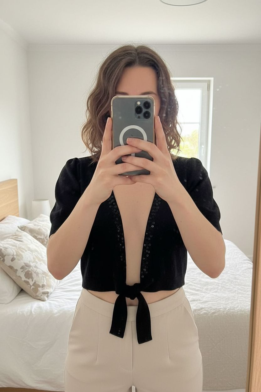 Gilet manches courtes 38/40 debout, face à la caméra, dans une chambre à la lumière douce, avec une lumière naturelle filtrant par la fenêtre.