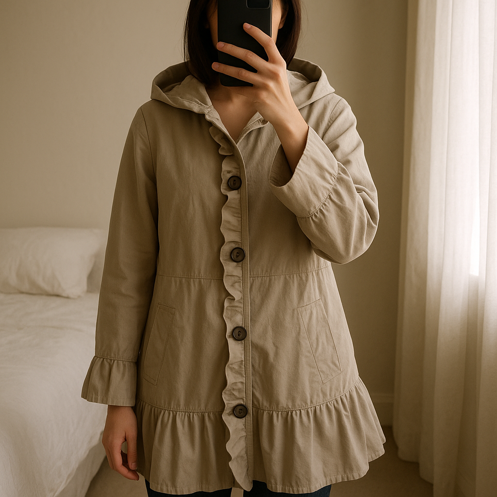Manteau printemps/été debout, face à la caméra, dans une chambre à la lumière douce, avec une lumière naturelle filtrant par la fenêtre.