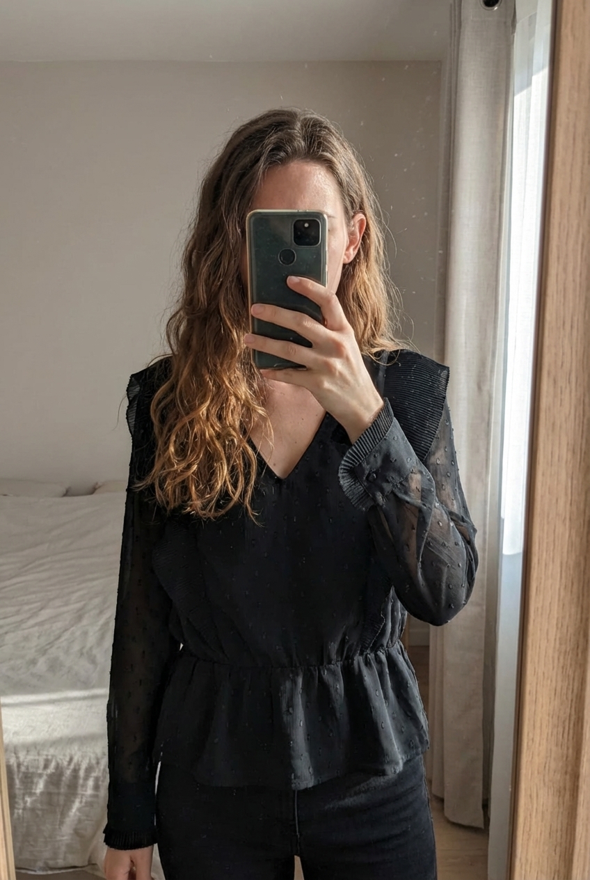 Chemisier paillettes debout, face à la caméra, dans une chambre à la lumière douce, avec une lumière naturelle filtrant par la fenêtre.