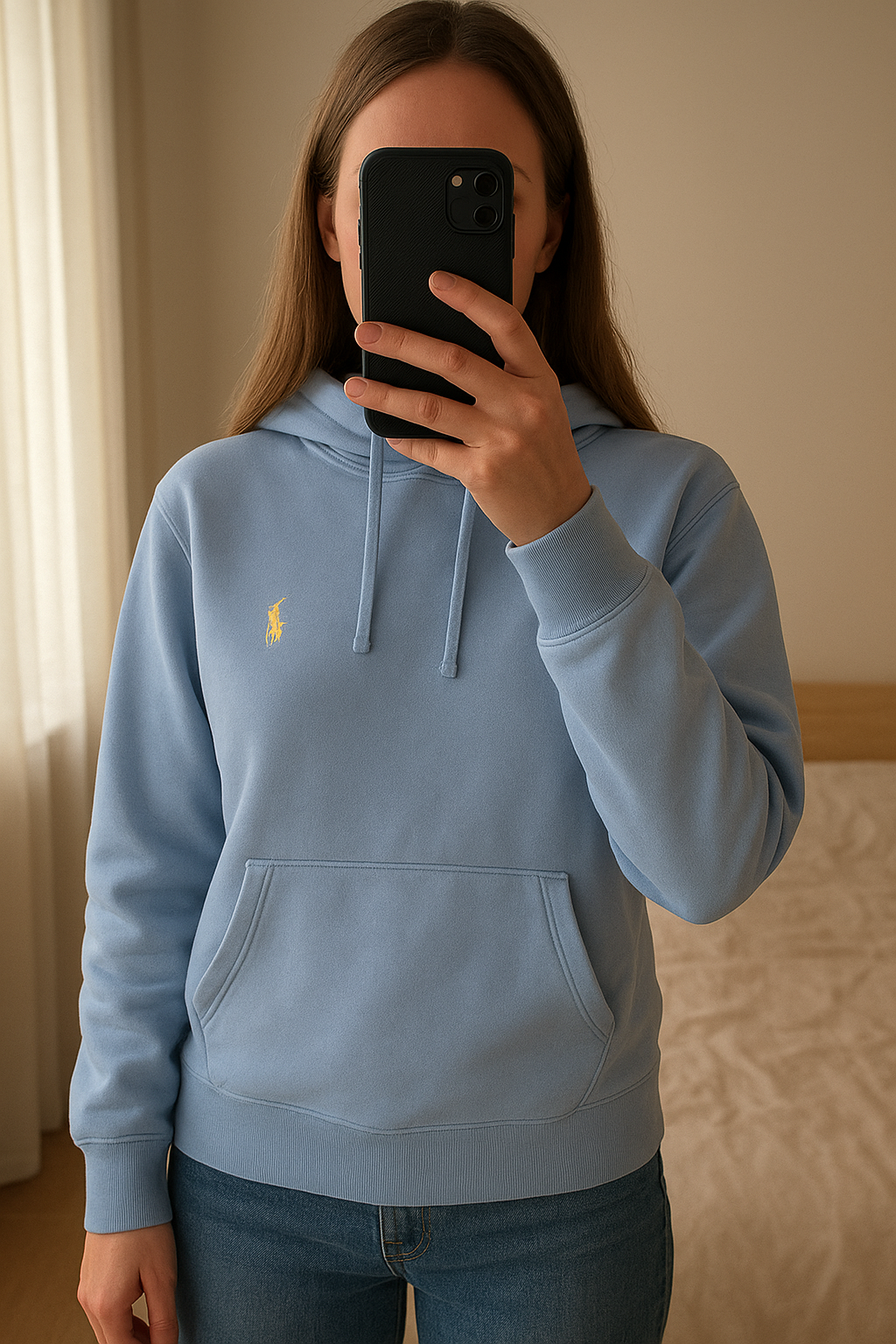Light blue hoodie Ralph Lauren Size S debout, face à la caméra, dans une chambre à la lumière douce, avec une lumière naturelle filtrant par la fenêtre.