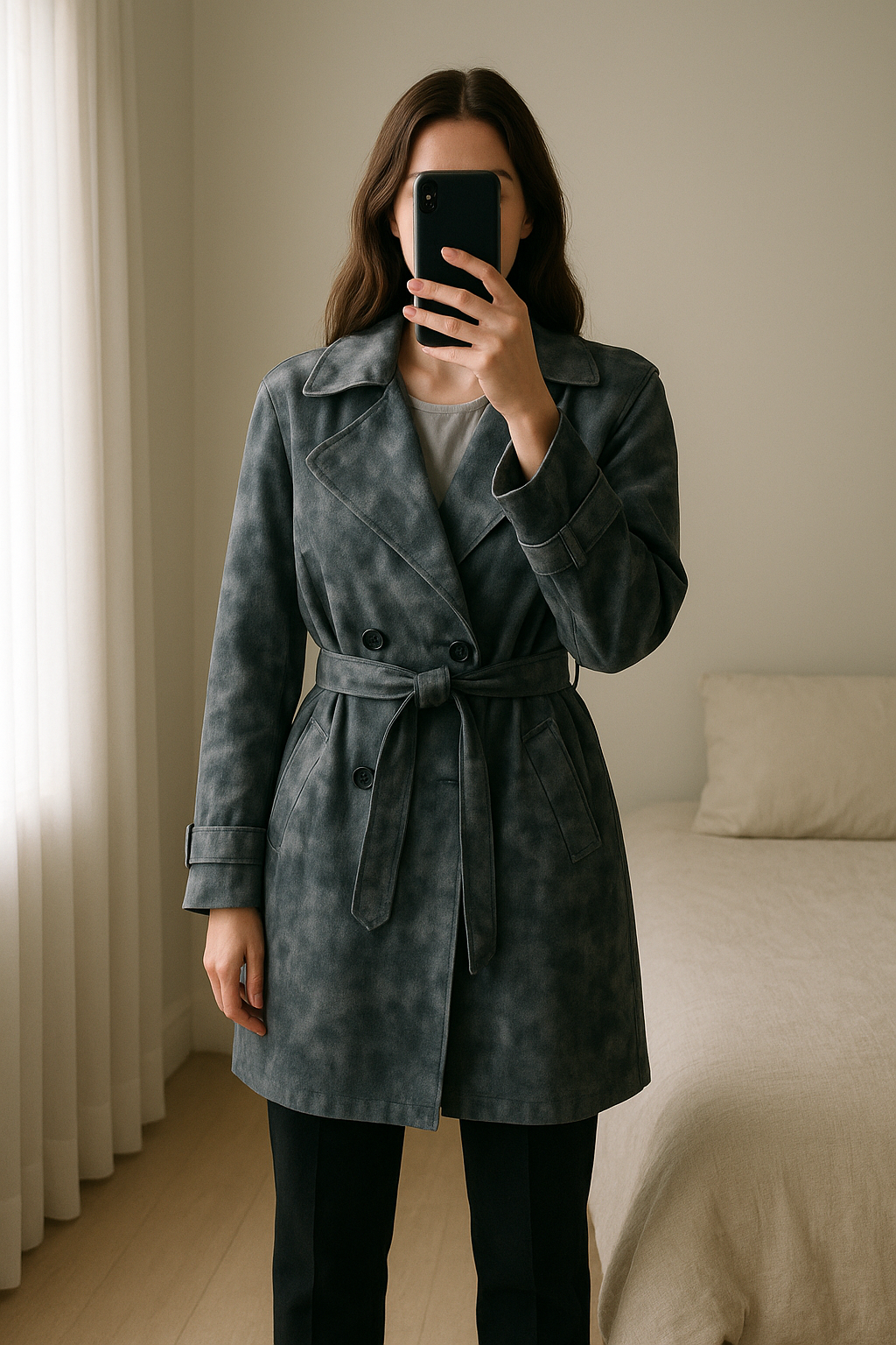 Manteau Long Femme d'hiver prix négociable 👍 debout, face à la caméra, dans une chambre à la lumière douce, avec une lumière naturelle filtrant par la fenêtre.