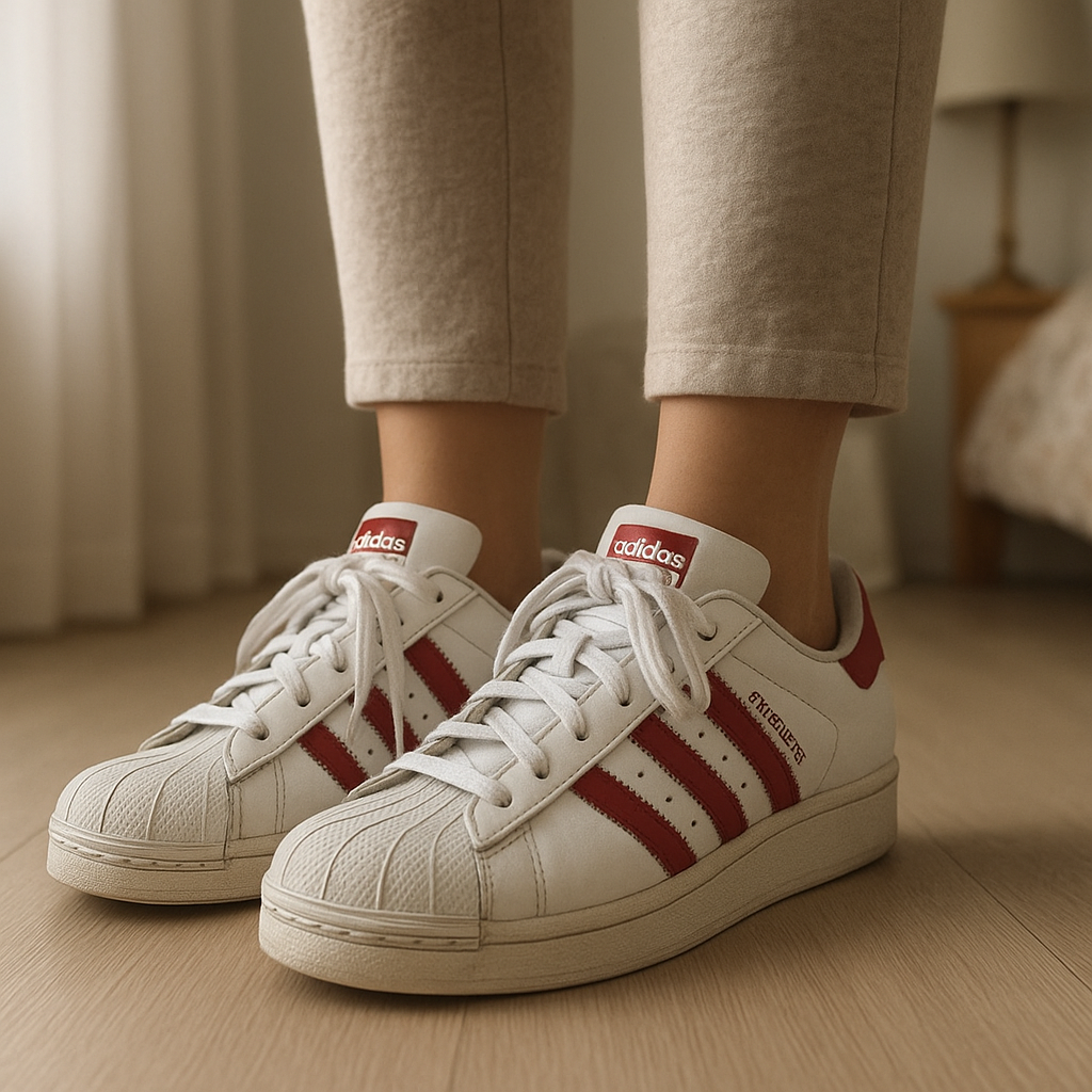 Adidas Superstar blanches et rouges – Taille 38 – Très bon état + boîte 🎁 debout, face à la caméra, dans une chambre à la lumière douce, avec une lumière naturelle filtrant par la fenêtre.