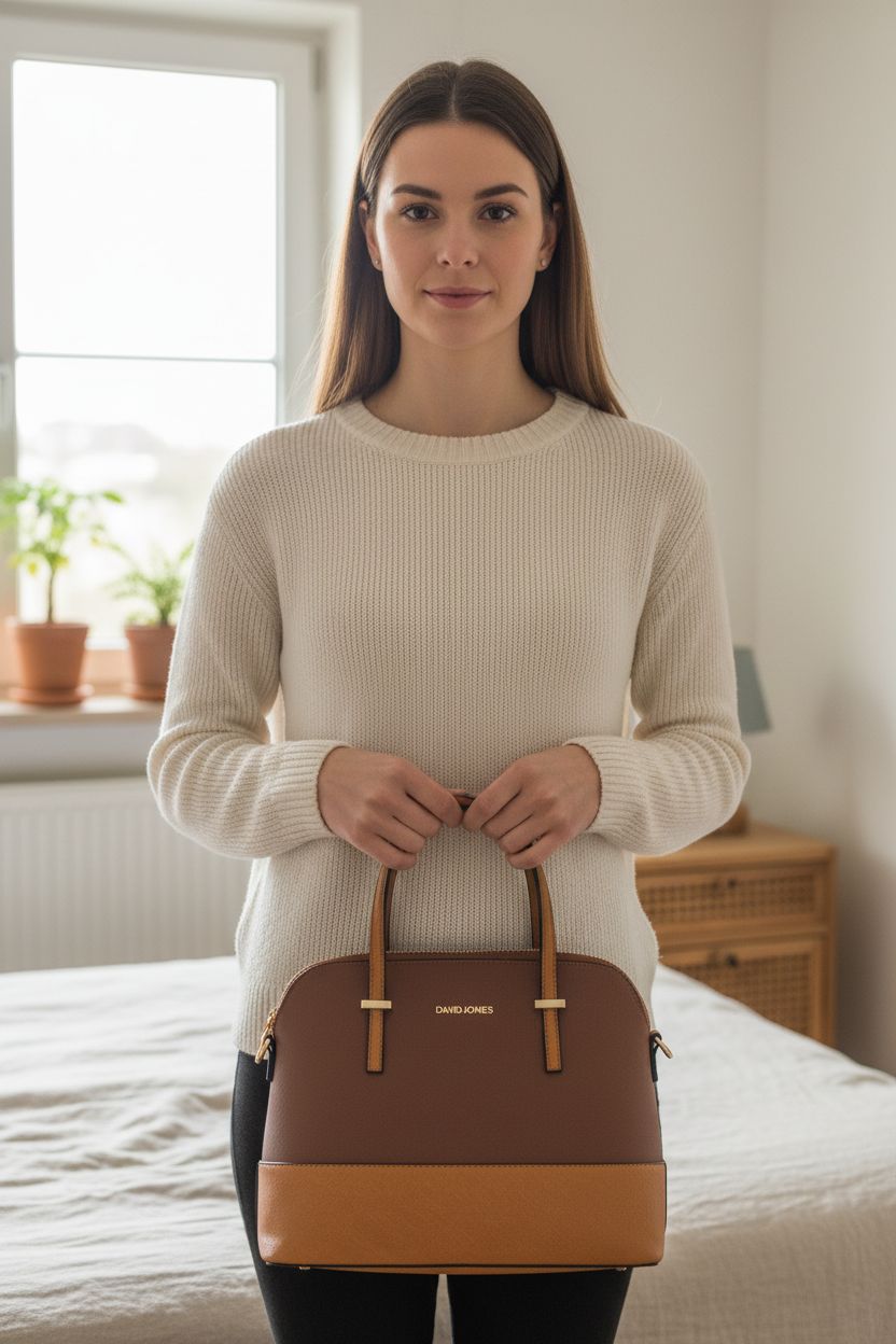 Sac a main David jones Neuf debout, face à la caméra, dans une chambre à la lumière douce, avec une lumière naturelle filtrant par la fenêtre.