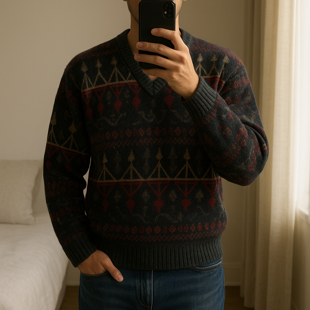 Maglione Misto lana multicolor in piedi, rivolto verso la fotocamera, in una camera da letto con luce soffusa e luce naturale che filtra dalla finestra.