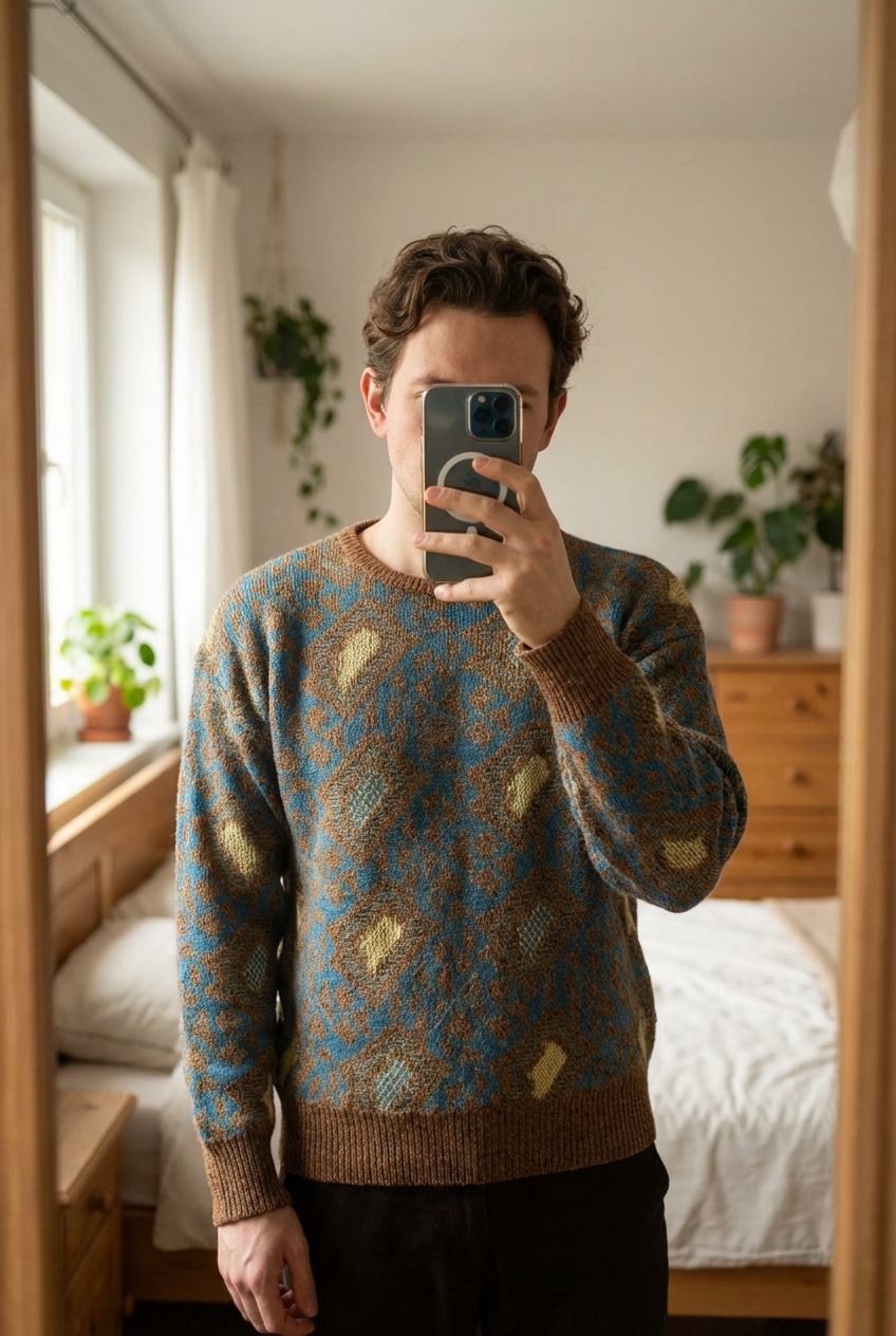 Pull 90's Sweater à motif athenic patern Vintage Made in Canada En Coton et Rayon Doré S Oversize debout, face à la caméra, dans une chambre à la lumière douce, avec une lumière naturelle filtrant par la fenêtre.
