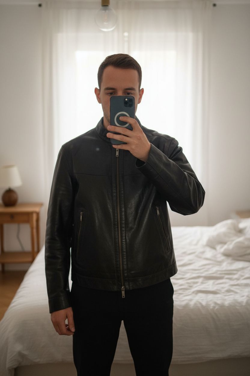 Une personne en Blouson cuir noir Kenzo XXL debout, face à la caméra, dans une chambre à la lumière douce, avec une lumière naturelle filtrant par la fenêtre.