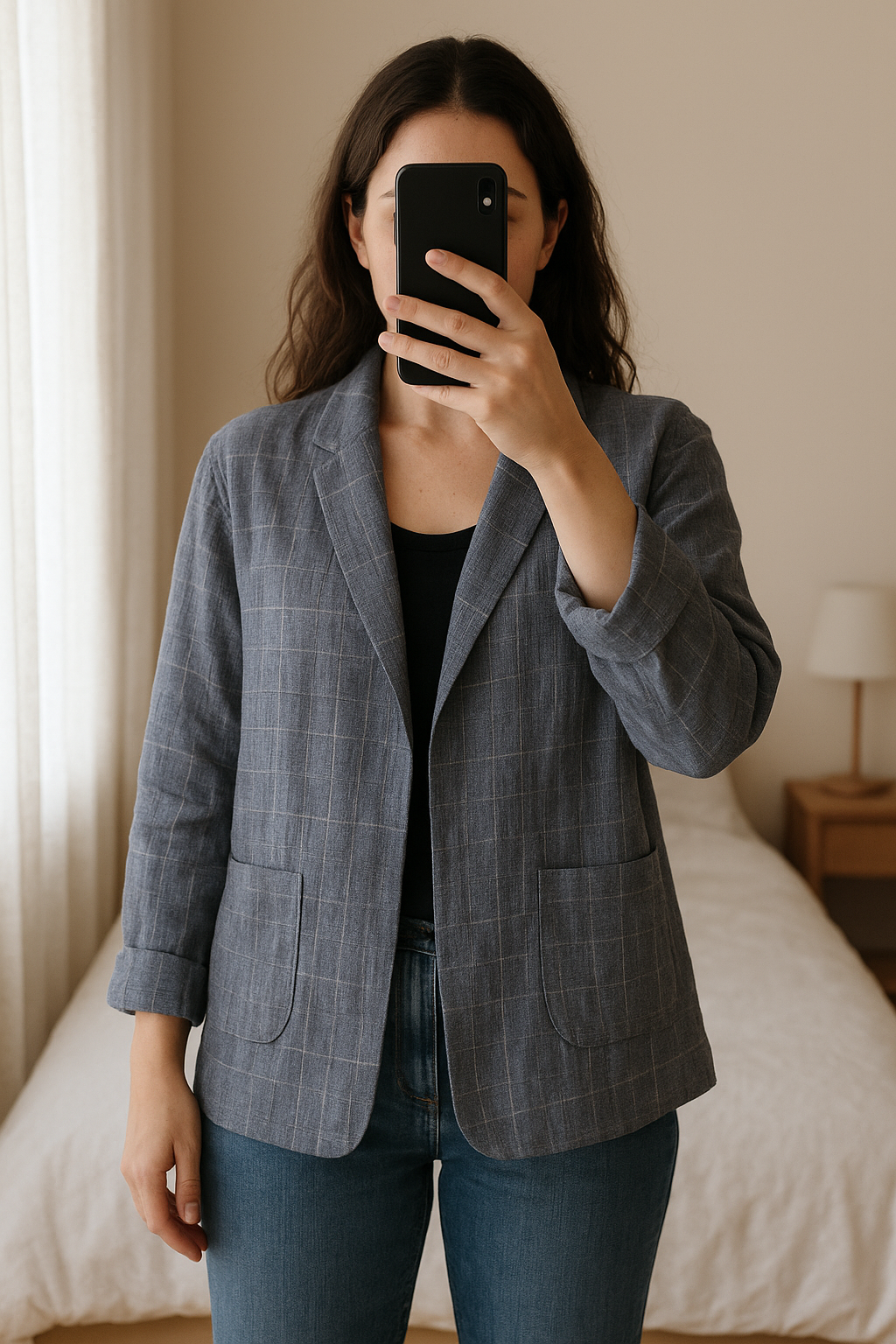 Veste blazer femme Naf Naf gris et blanc - Taille 40 - Neuf sans étiquette debout, face à la caméra, dans une chambre à la lumière douce, avec une lumière naturelle filtrant par la fenêtre.