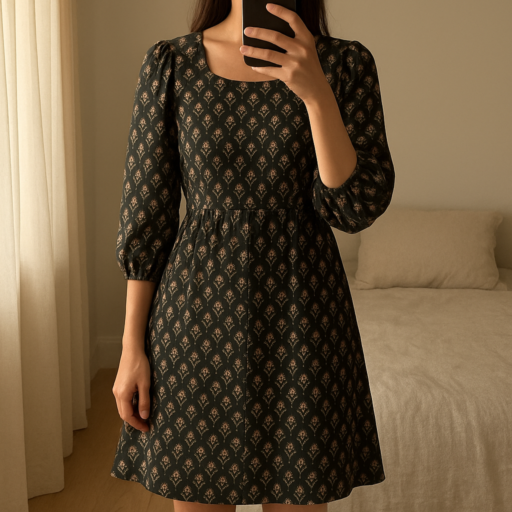 Jolie robe noire à motifs dorées t38 debout, face à la caméra, dans une chambre à la lumière douce, avec une lumière naturelle filtrant par la fenêtre.