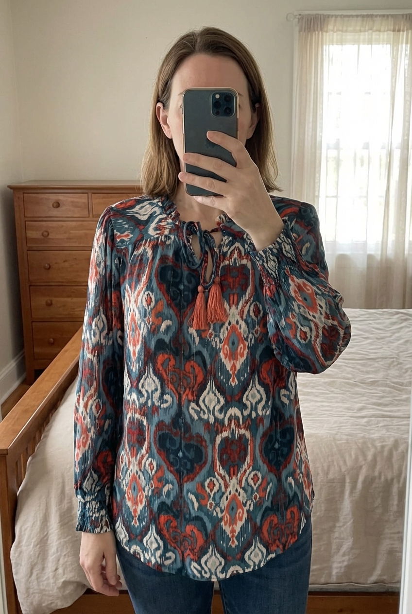 A person in Monsoon summer essential boho style Moroccan vibe long sleeved top size large fits 16 standing straight facing the camera, in a softly lit bedroom setting, with gentle natural light filtering through a window.