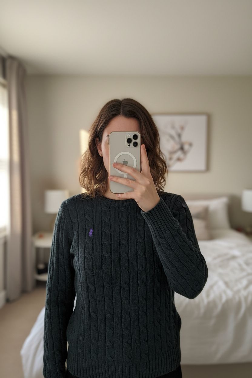 Pull Torsadé Col Rond 100% Coton Polo Ralph Lauren Noir S/XS debout, face à la caméra, dans une chambre à la lumière douce, avec une lumière naturelle filtrant par la fenêtre.