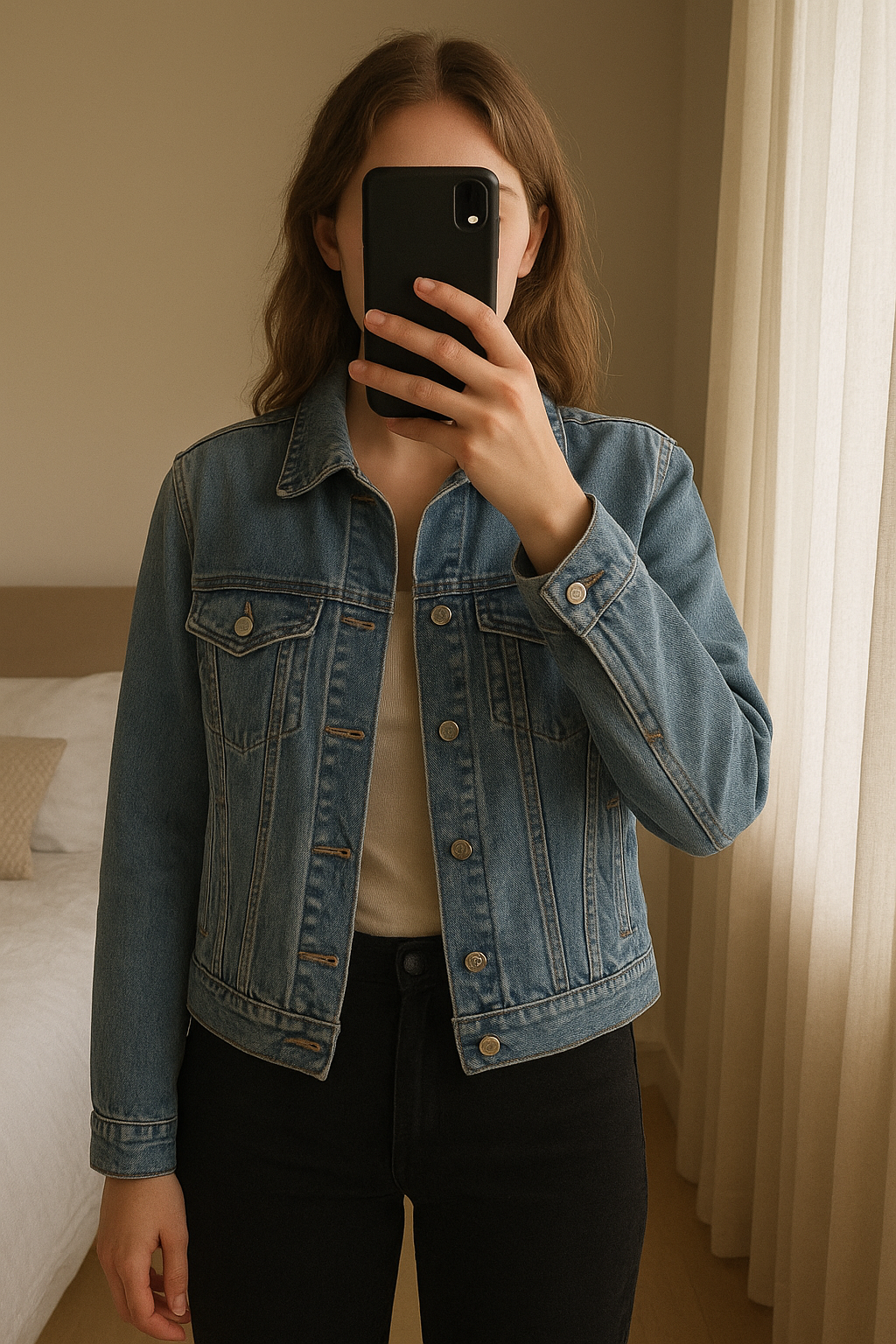 Veste en jean Zara debout, face à la caméra, dans une chambre à la lumière douce, avec une lumière naturelle filtrant par la fenêtre.