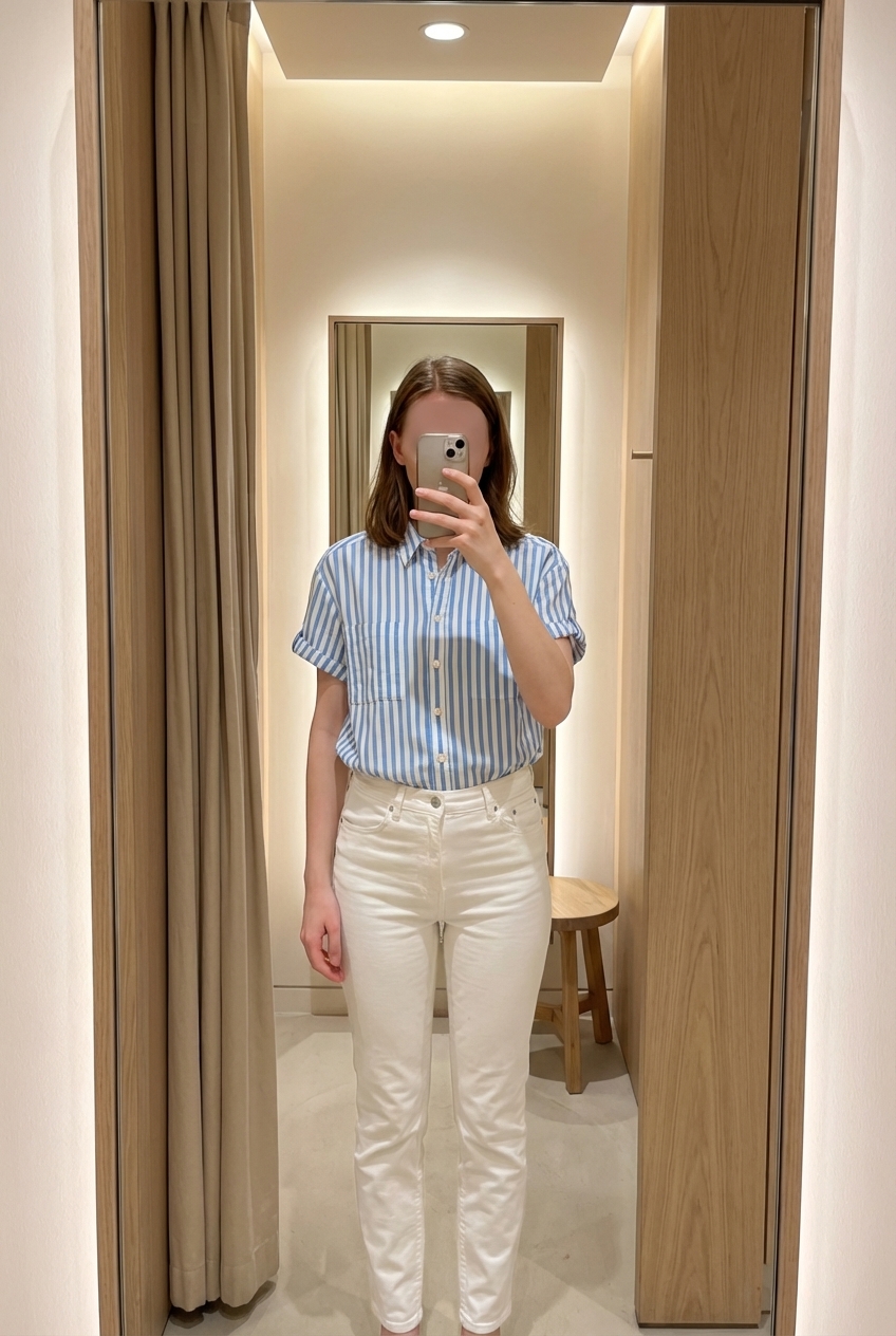 Une personne en Ensemble pantalon et chemise debout, face à la caméra, dans une cabine d’essayage de style boutique avec un miroir et une décoration neutre.