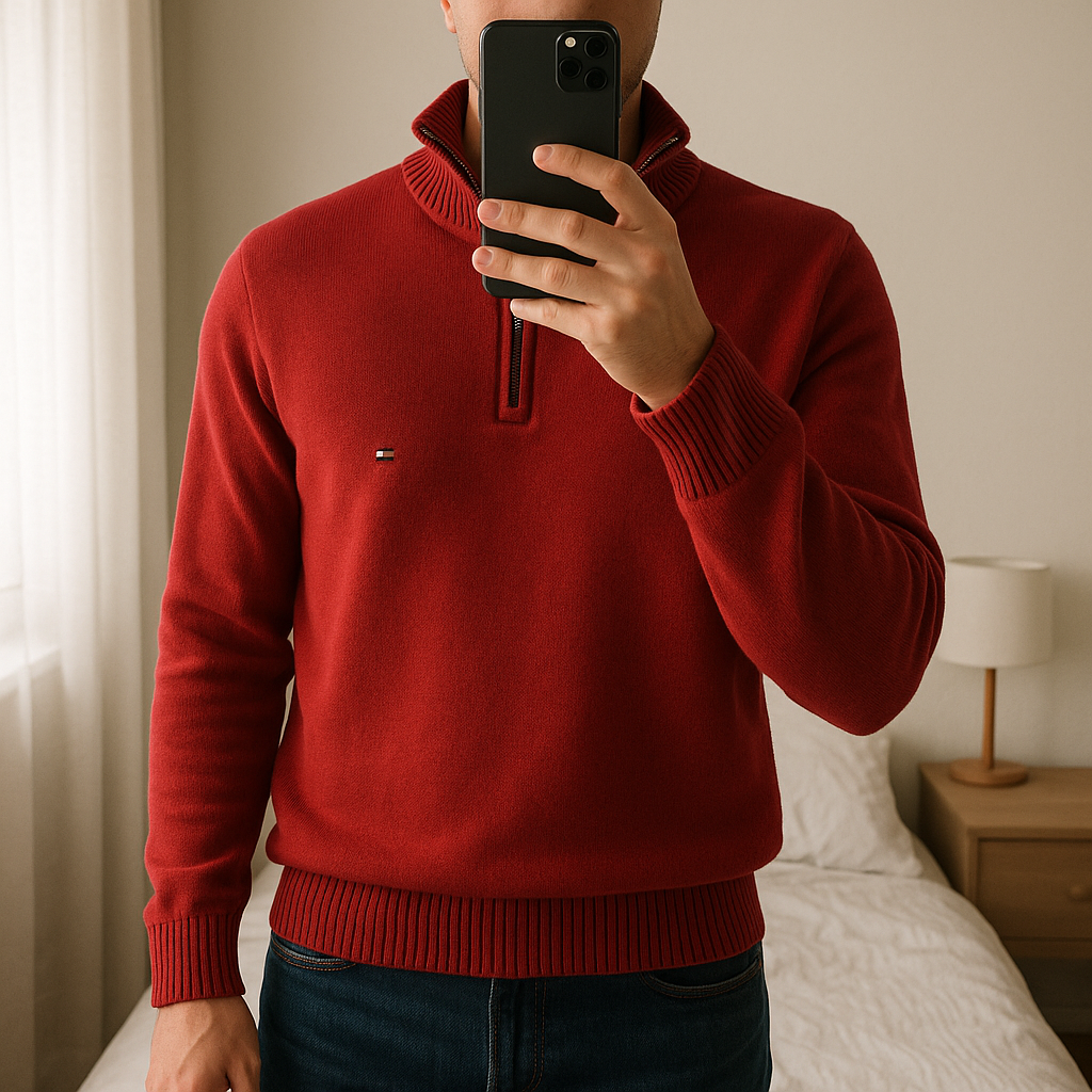 Quarter zip Tommy Hilfiger homme M – rouge debout, face à la caméra, dans une chambre à la lumière douce, avec une lumière naturelle filtrant par la fenêtre.