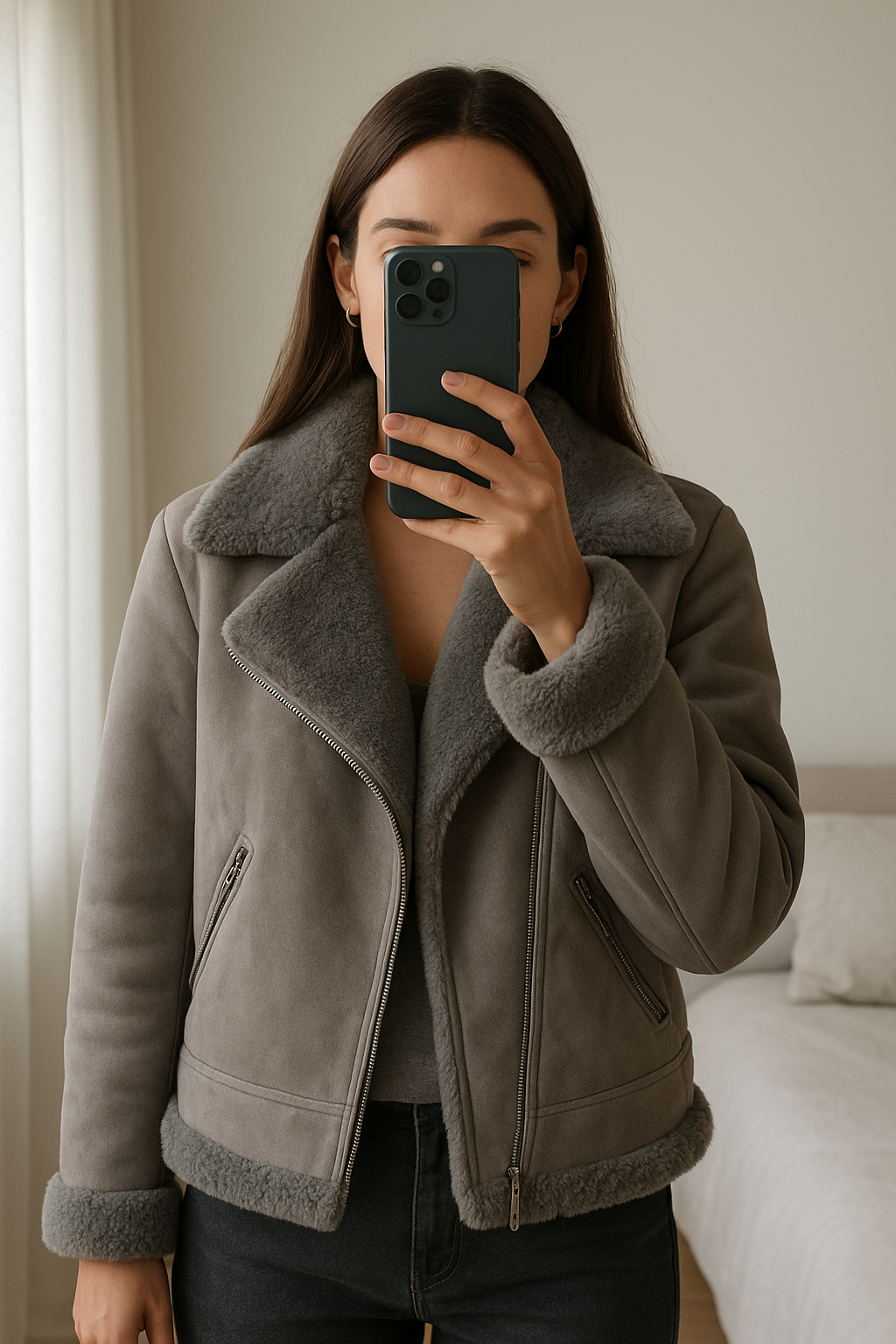 Hollister Faux Shearing Biker Jacket / Size S / Grey standing straight facing the camera, in a softly lit bedroom setting, with gentle natural light filtering through a window.