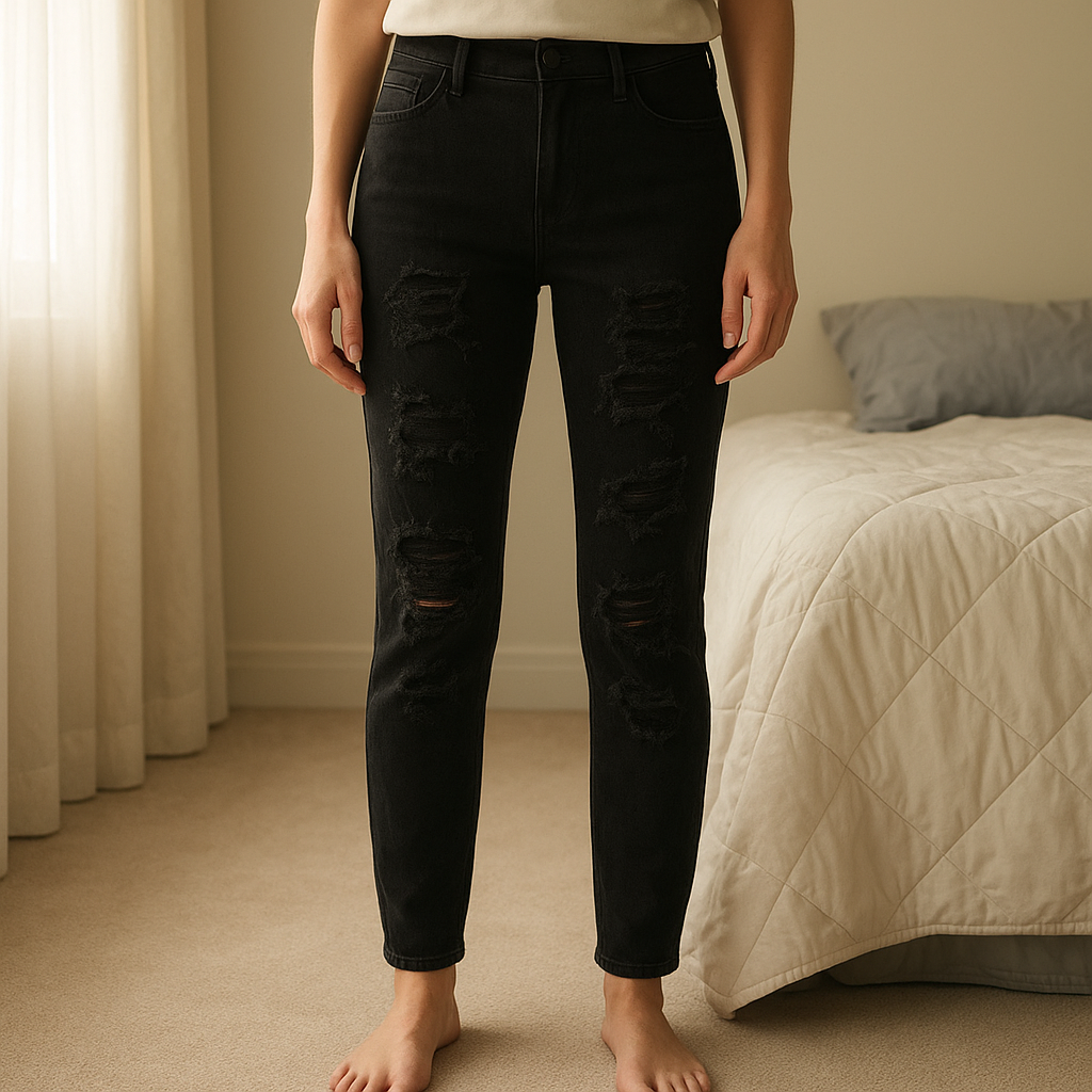 SHEIN Curve Jeans Schwarz Destroyed Look Gr. XL aufrecht stehend, der Kamera zugewandt, in einem sanft beleuchteten Schlafzimmer, mit natürlichem Licht, das durch ein Fenster fällt.