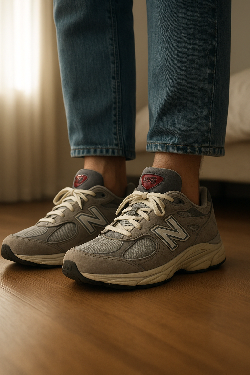 New balance 9060 - grise - 44 debout, face à la caméra, dans une chambre à la lumière douce, avec une lumière naturelle filtrant par la fenêtre.