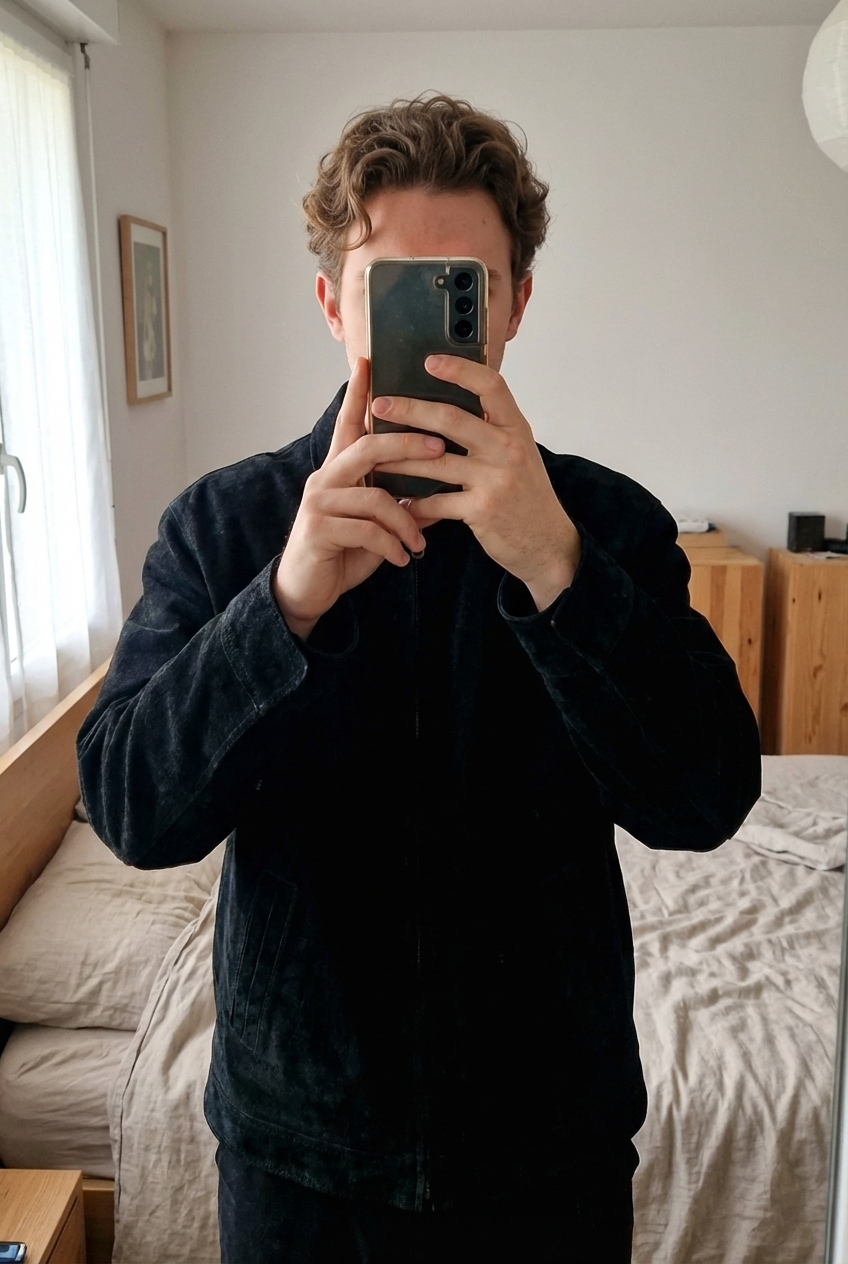 Giacca in vera pelle imbottita Matinee – L – Affare in piedi, rivolto verso la fotocamera, in una camera da letto con luce soffusa e luce naturale che filtra dalla finestra.