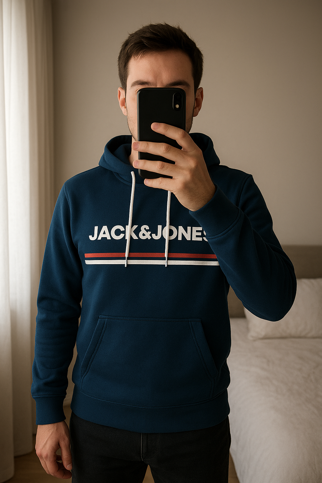 Jack and Jones Pullover Hoodie Gr. M aufrecht stehend, der Kamera zugewandt, in einem sanft beleuchteten Schlafzimmer, mit natürlichem Licht, das durch ein Fenster fällt.