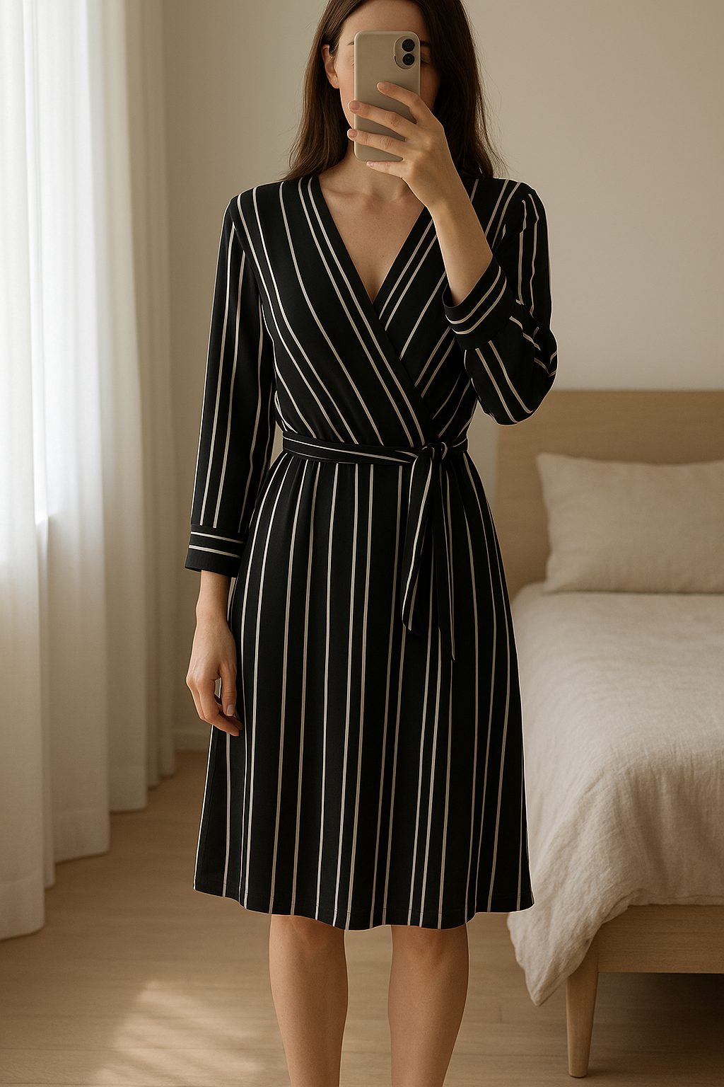 Robe à rayures noir et blanc femme très bon état debout, face à la caméra, dans une chambre à la lumière douce, avec une lumière naturelle filtrant par la fenêtre.