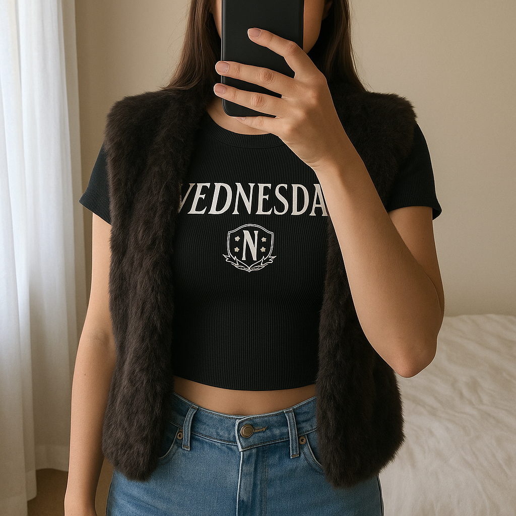 Veste fausse fourrure debout, face à la caméra, dans une chambre à la lumière douce, avec une lumière naturelle filtrant par la fenêtre.