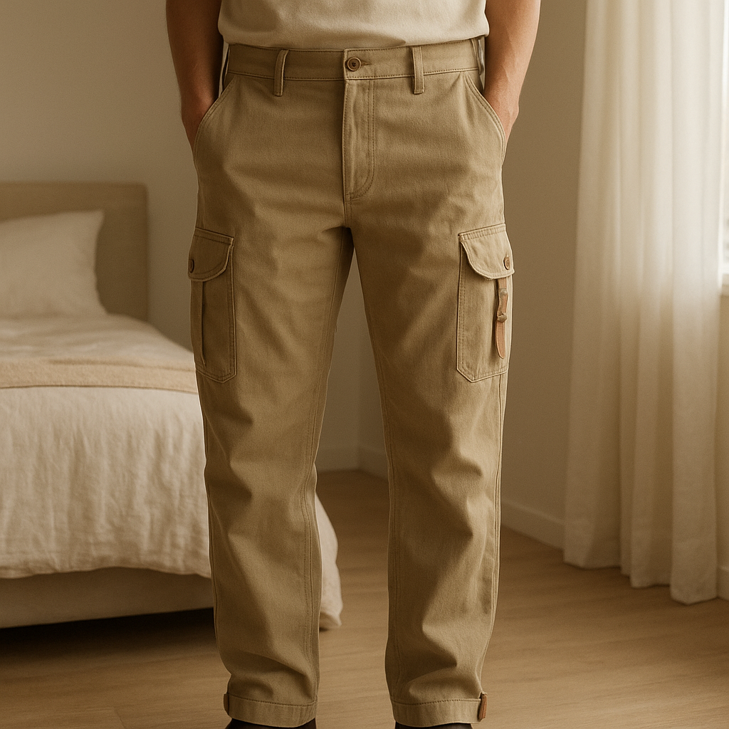 Jeans marroni massimo dutti taglia 40 in piedi, rivolto verso la fotocamera, in una camera da letto con luce soffusa e luce naturale che filtra dalla finestra.