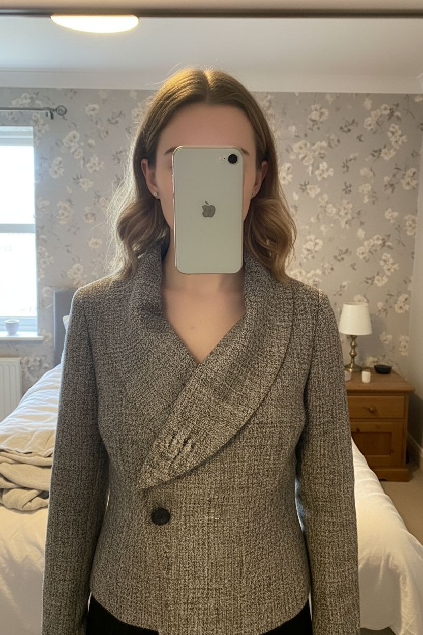 Reiss brown tweed style jacket blazer with ruffle 14 standing straight facing the camera, in a softly lit bedroom setting, with gentle natural light filtering through a window.