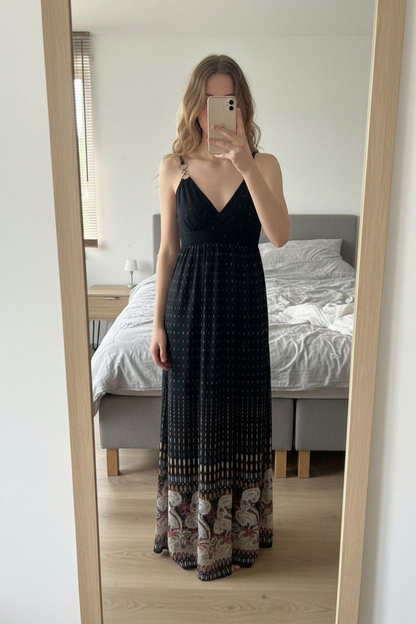 Robe longue d’été à bretelles taille 38 debout, face à la caméra, dans une chambre à la lumière douce, avec une lumière naturelle filtrant par la fenêtre.