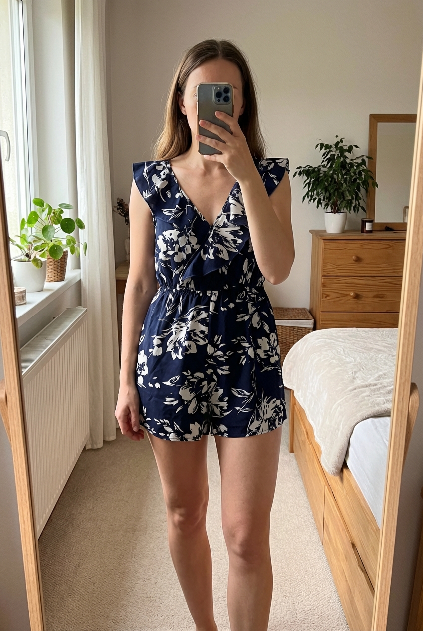 Combi short SHEIN taille 44 debout, face à la caméra, dans une chambre à la lumière douce, avec une lumière naturelle filtrant par la fenêtre.