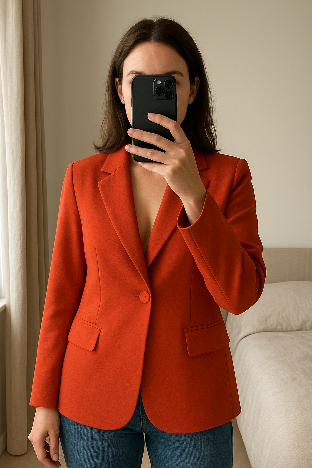 Blazer femme orange L - blazer donna in piedi, rivolto verso la fotocamera, in una camera da letto con luce soffusa e luce naturale che filtra dalla finestra.
