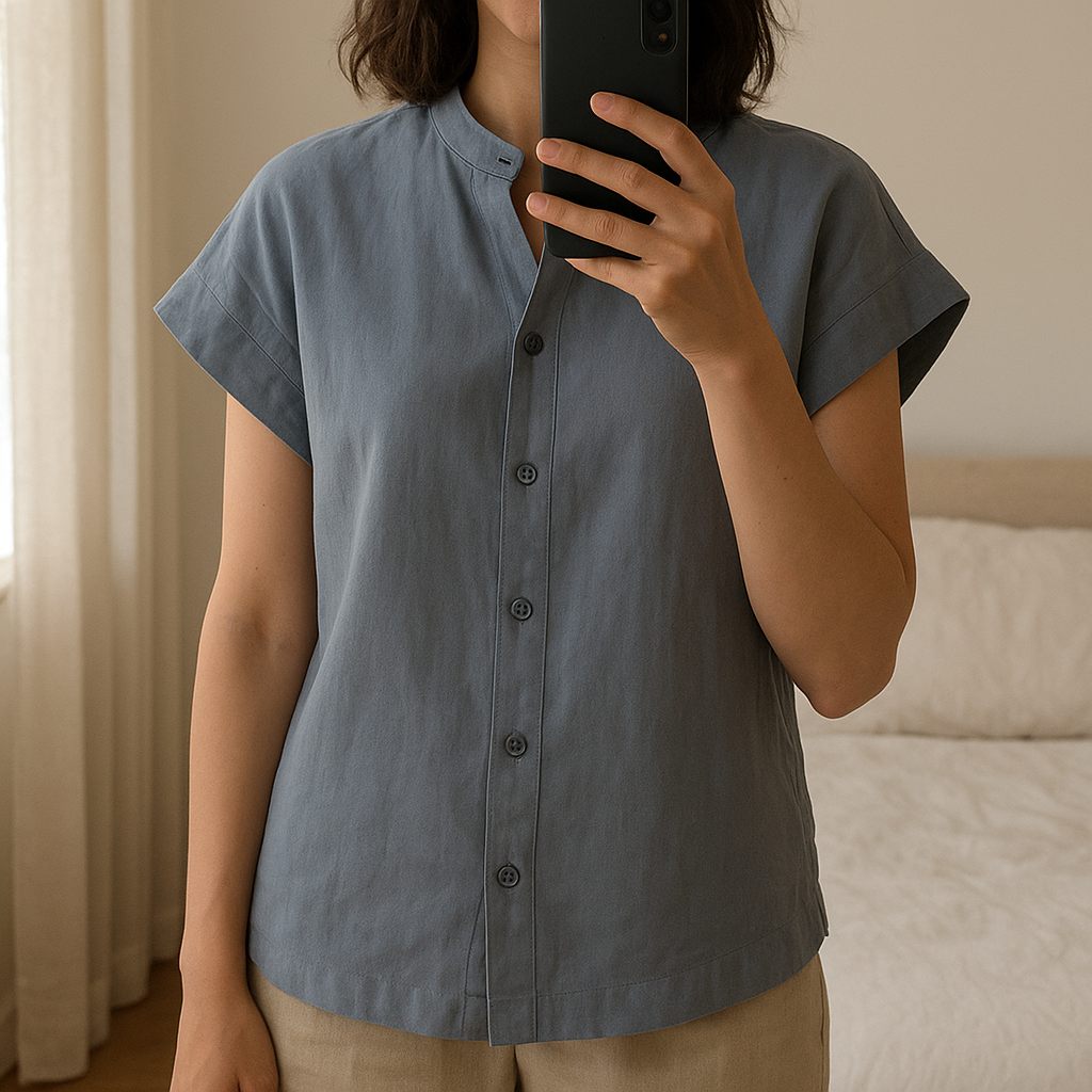 Blouse Muji grise col Mao debout, face à la caméra, dans une chambre à la lumière douce, avec une lumière naturelle filtrant par la fenêtre.