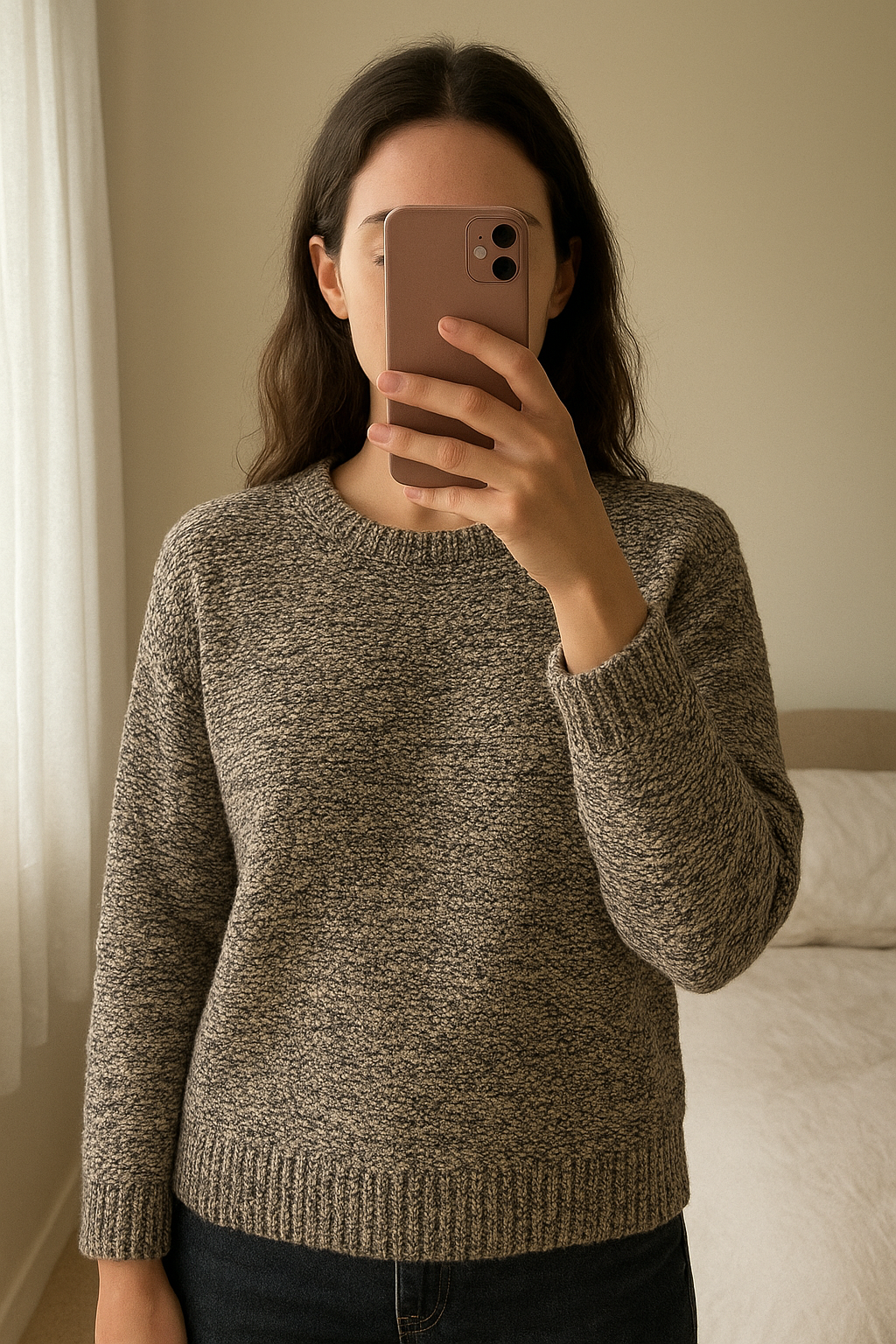 FatFace jumper, pinky blue mix, worn once Size 16 standing straight facing the camera, in a softly lit bedroom setting, with gentle natural light filtering through a window.