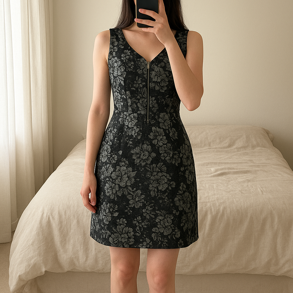 Robe florale hiver Villa debout, face à la caméra, dans une chambre à la lumière douce, avec une lumière naturelle filtrant par la fenêtre.