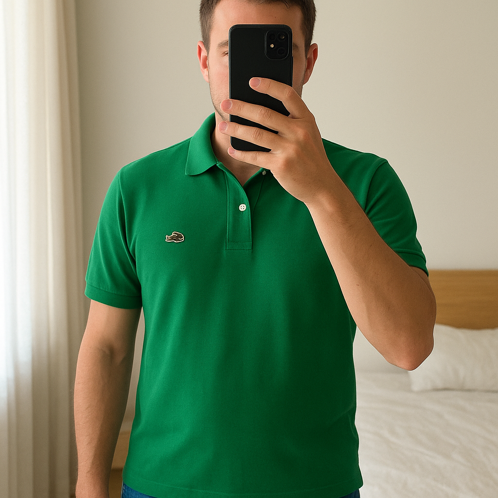 Polo Lacoste vert homme - Maglietta Lacoste uomo in piedi, rivolto verso la fotocamera, in una camera da letto con luce soffusa e luce naturale che filtra dalla finestra.