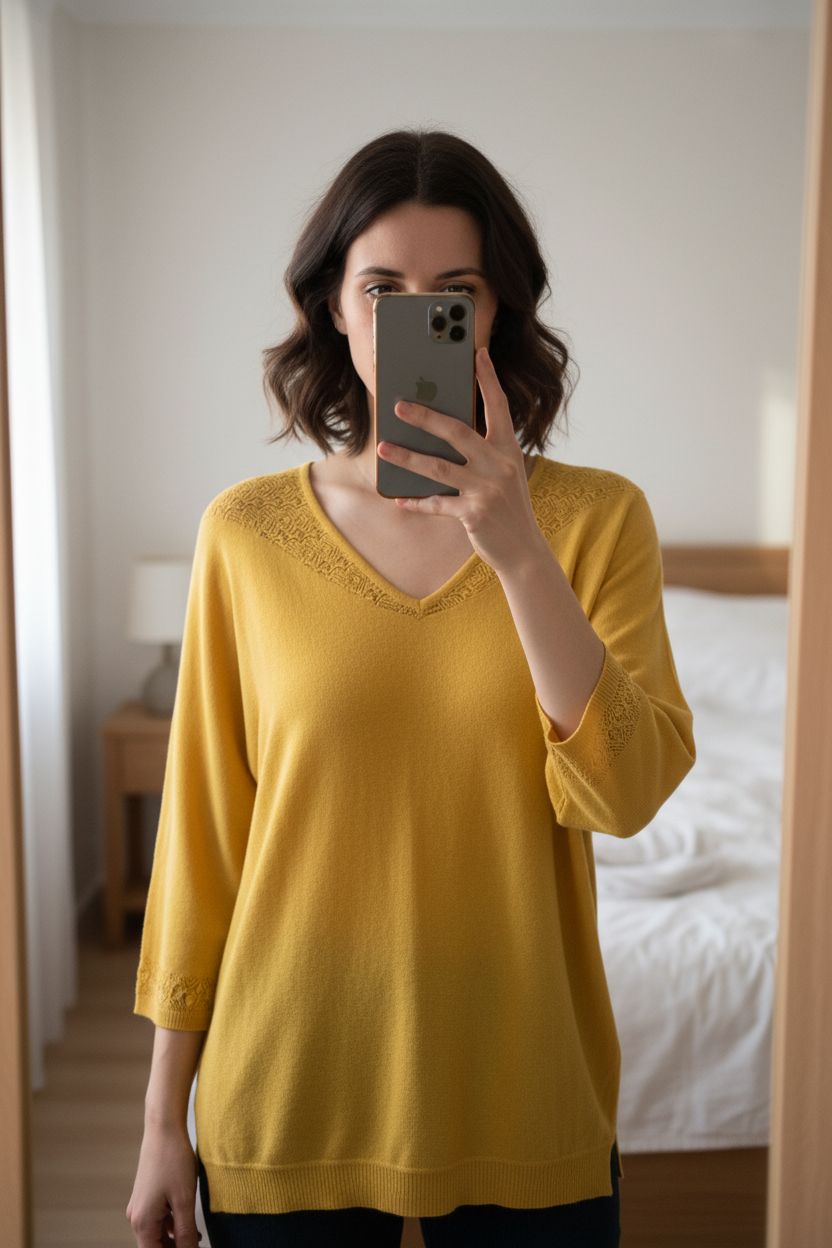 Pull V mi-saison moutarde taille 38 debout, face à la caméra, dans une chambre à la lumière douce, avec une lumière naturelle filtrant par la fenêtre.