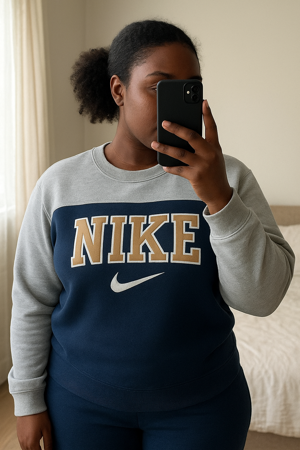 Une personne en Sweat Nike rare Rework cambrant légèrement le dos pour une pose dynamique, avec une silhouette légèrement plus ronde, dans une chambre à la lumière douce, avec une lumière naturelle filtrant par la fenêtre.