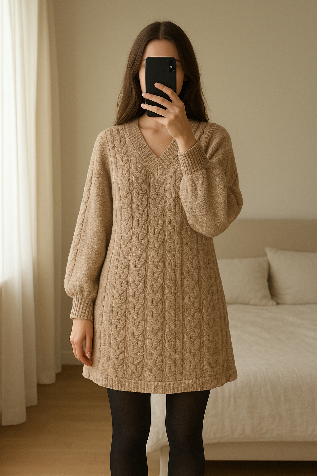 Robe beige debout, face à la caméra, dans une chambre à la lumière douce, avec une lumière naturelle filtrant par la fenêtre.