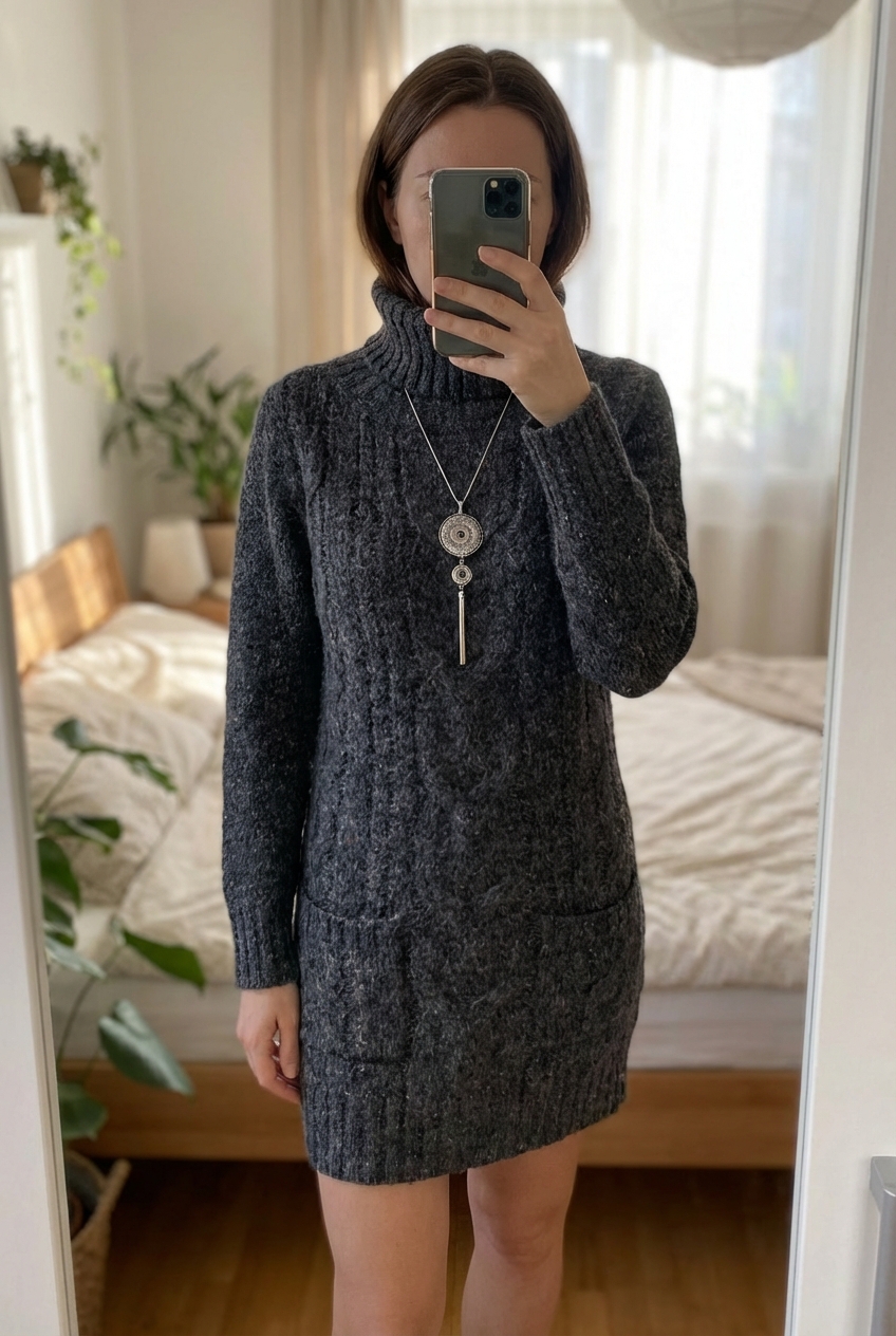 Robe pull col roulé T38 debout, face à la caméra, dans une chambre à la lumière douce, avec une lumière naturelle filtrant par la fenêtre.