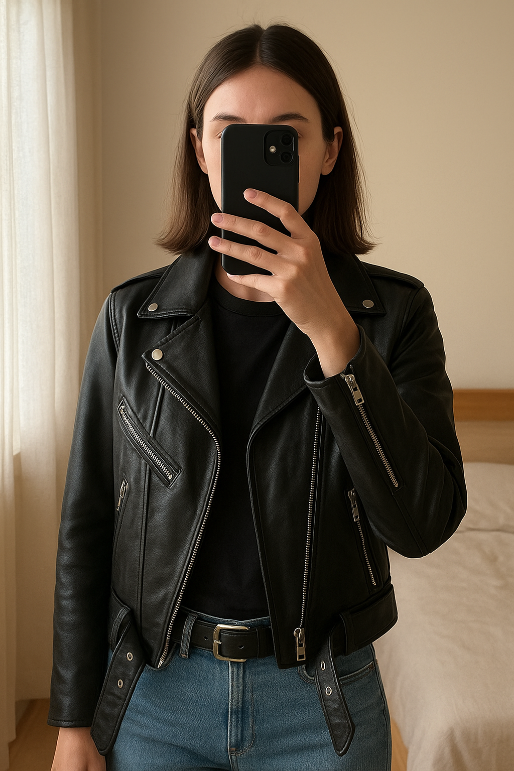 Cest en cuir Zara debout, face à la caméra, dans une chambre à la lumière douce, avec une lumière naturelle filtrant par la fenêtre.