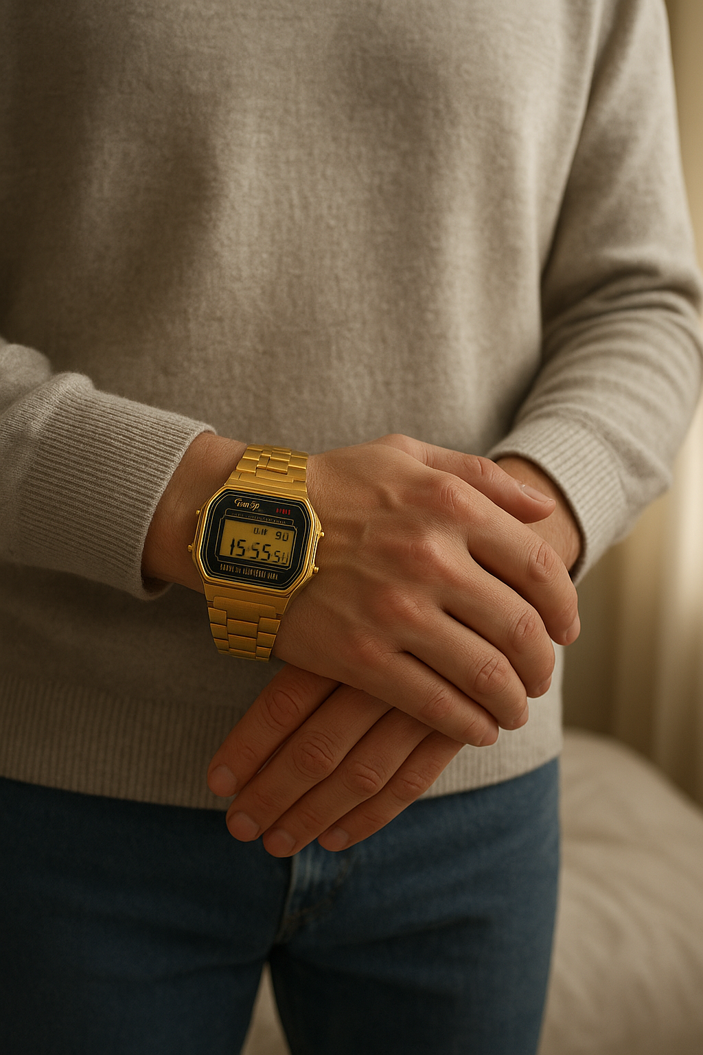 Casio debout, face à la caméra, dans une chambre à la lumière douce, avec une lumière naturelle filtrant par la fenêtre.