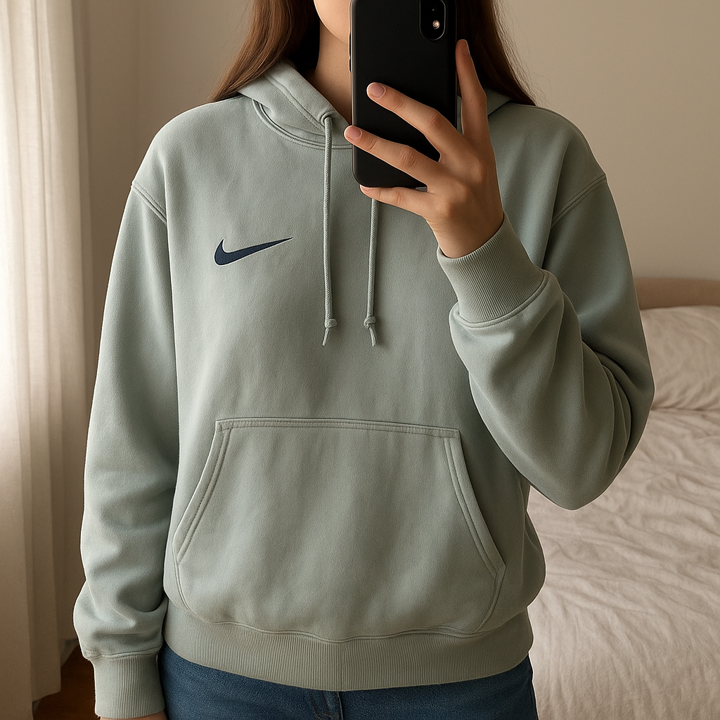 Hoodie sweat capuche bleu oversized Midi Swoosh taille XS Nike debout, face à la caméra, dans une chambre à la lumière douce, avec une lumière naturelle filtrant par la fenêtre.