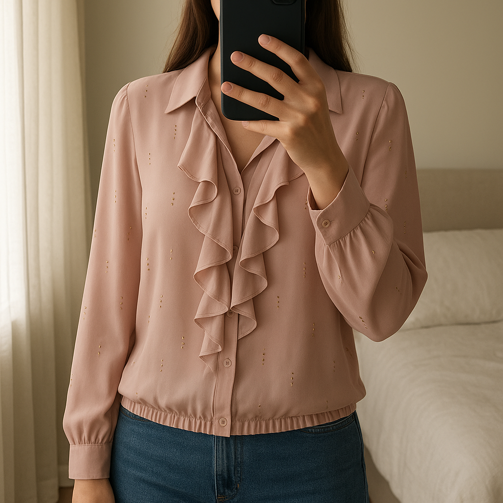 Blusa rosa cipria Patrizia Pepe in piedi, rivolto verso la fotocamera, in una camera da letto con luce soffusa e luce naturale che filtra dalla finestra.