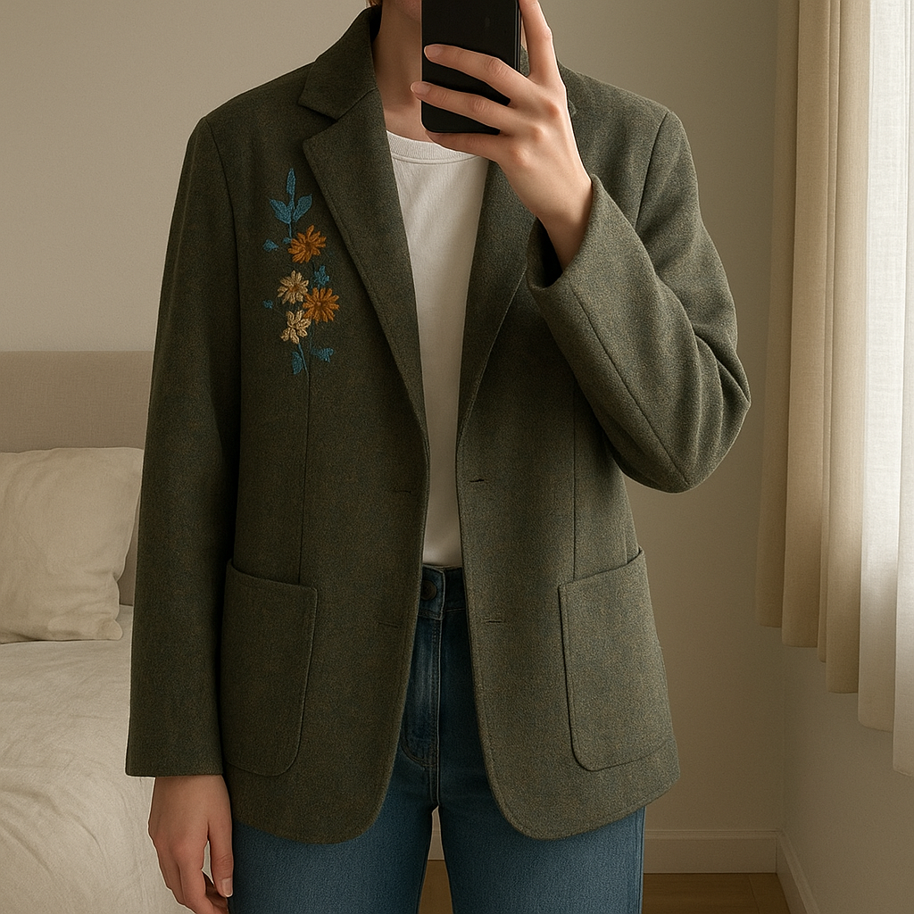 Magnifique blazer vintage " bleu blanc rouge " taille 38 / laine debout, face à la caméra, dans une chambre à la lumière douce, avec une lumière naturelle filtrant par la fenêtre.